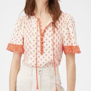 Rebecca Taylor Silk Women's Cream and Orange Patterned Top Size 2